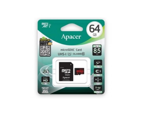 .64GB MicroSD (Class 10) UHS-I (U1) +SD adapter, Apacer 