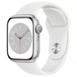 Apple Watch Series 8 GPS, 45mm Silver Aluminium Case with White Sport Band, MP6N3
