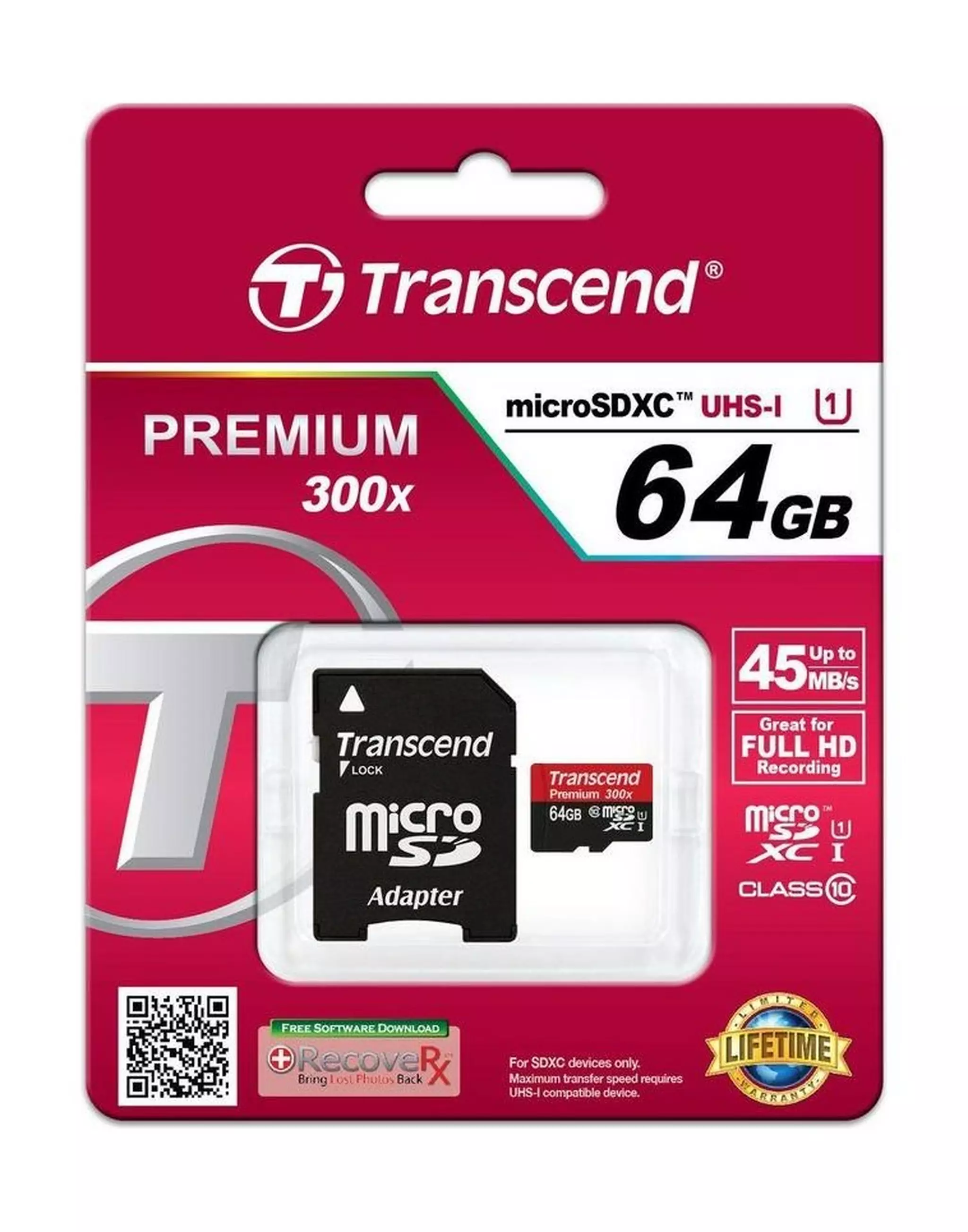 ..64GB MicroSD (Class 10) UHS-I (U1),+SD adapter, Transcend "TS64GUSD350V" (R/W:95/45MB/s, Endurance)