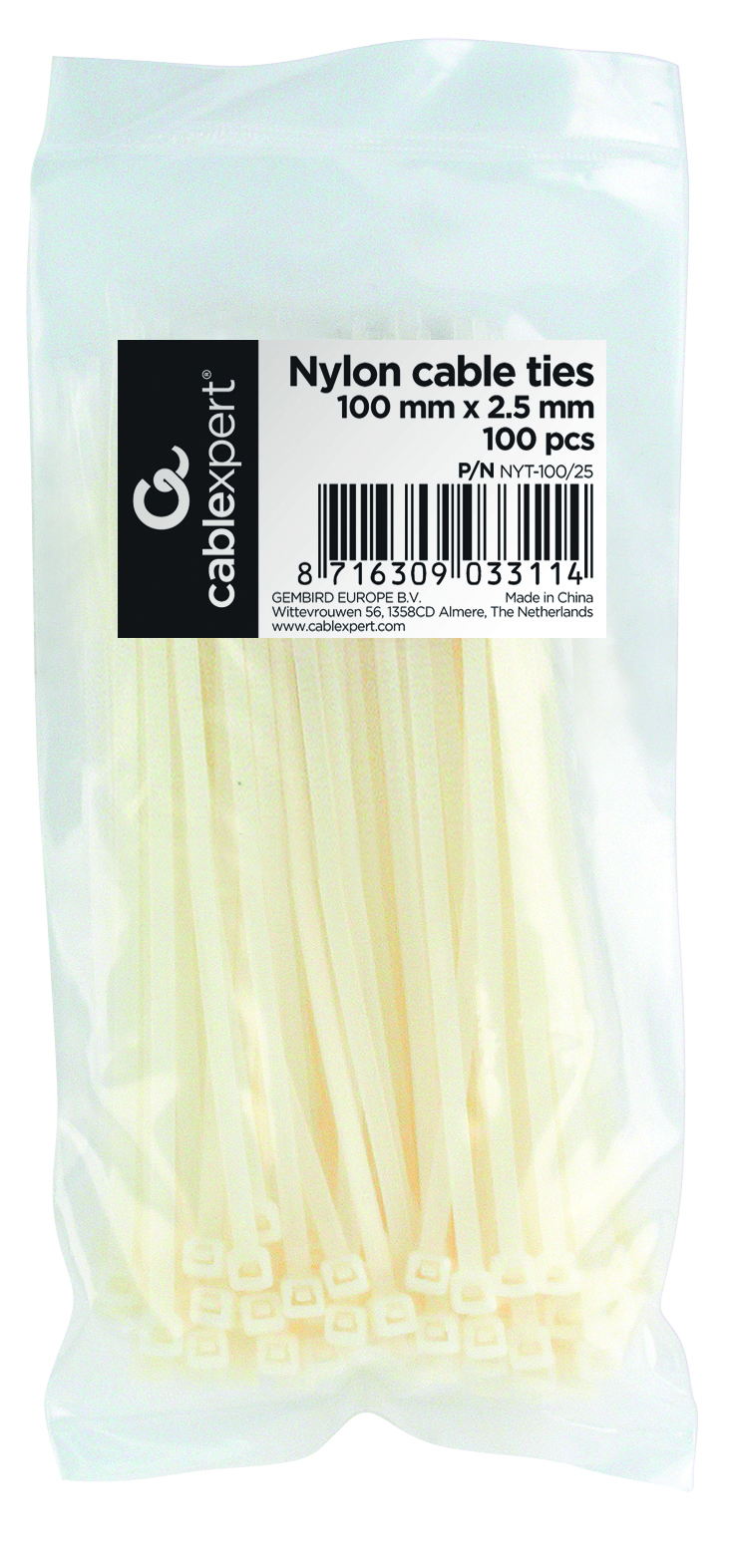 Cable Organizers (nylon ties) 100mm 2.5mm, bag of 100 pcs, White,  APC Electronic