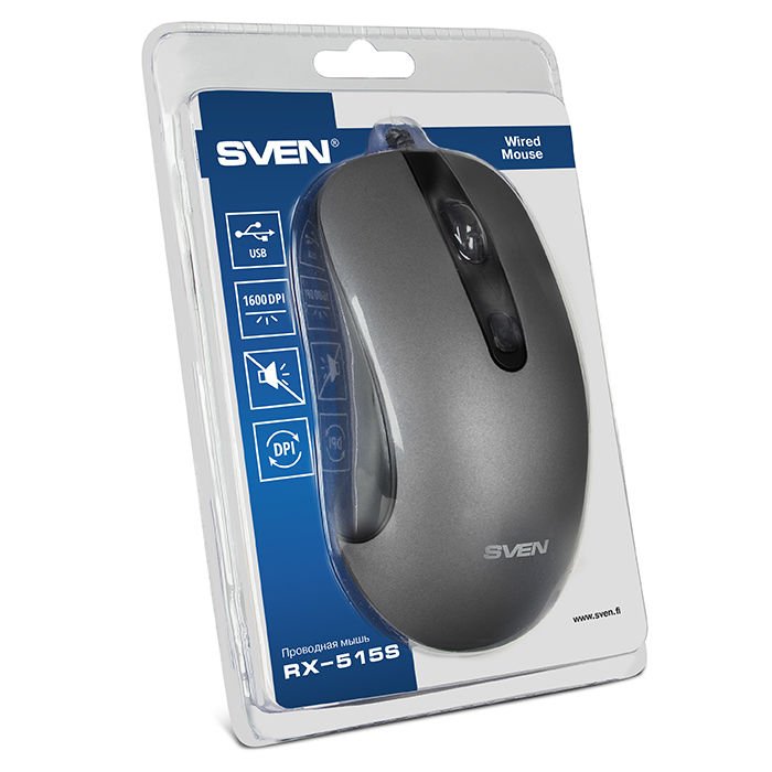Mouse SVEN RX-515S, 800-1600 dpi, 4 buttons, Ambidextrous, Silent, 129g., 1.5m, USB, Gray