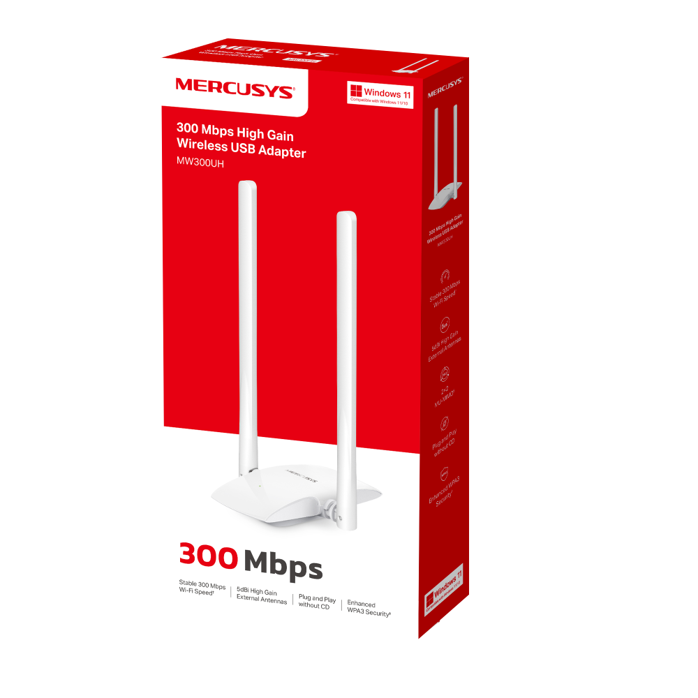 USB2.0 High Gain Wi-Fi N LAN Adapter MERCUSYS "MW300UH", 300Mbps, 2x5dBi, 2x2MIMO