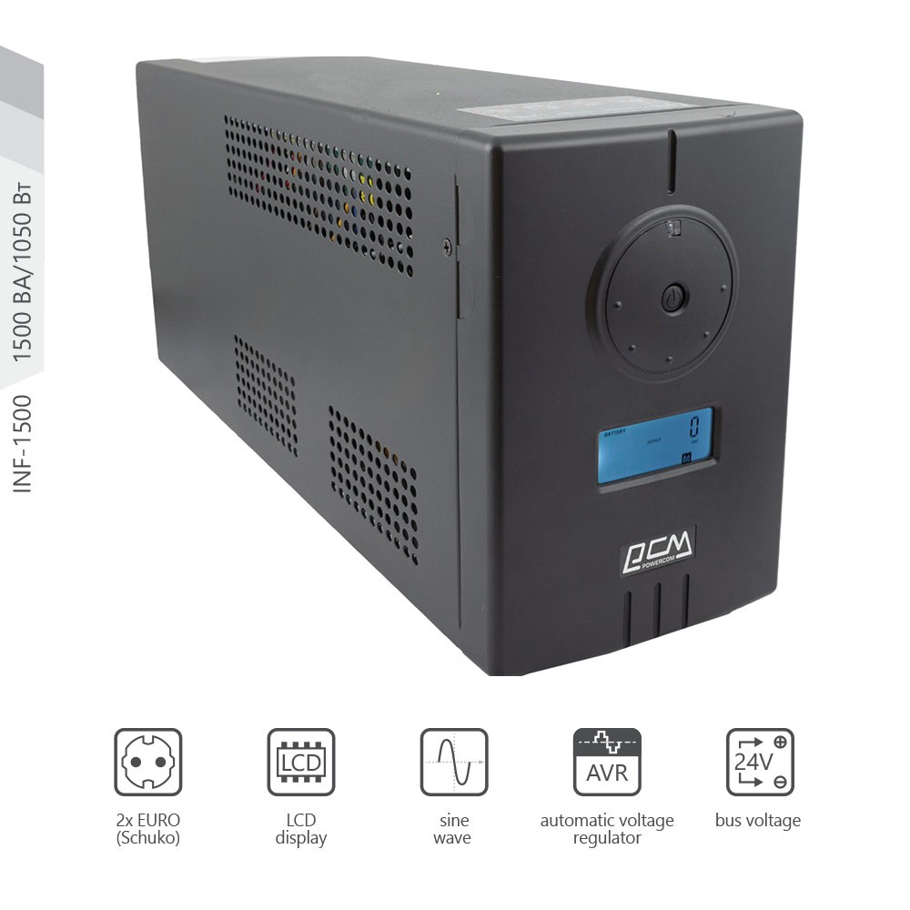 UPS PowerCom INF-1500 1500VA/1050W,24Vdc,15A max charge curr.,External Battery Only,2*Schuko Sockets