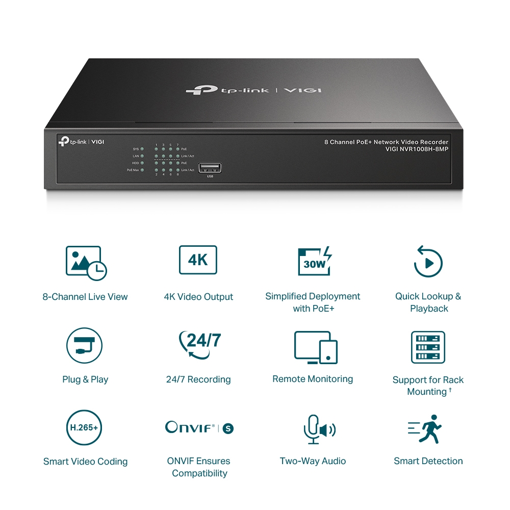TP-Link  8 Channel Network Video Recorder "VIGI NVR1008H", 1xSATA up to 16TB