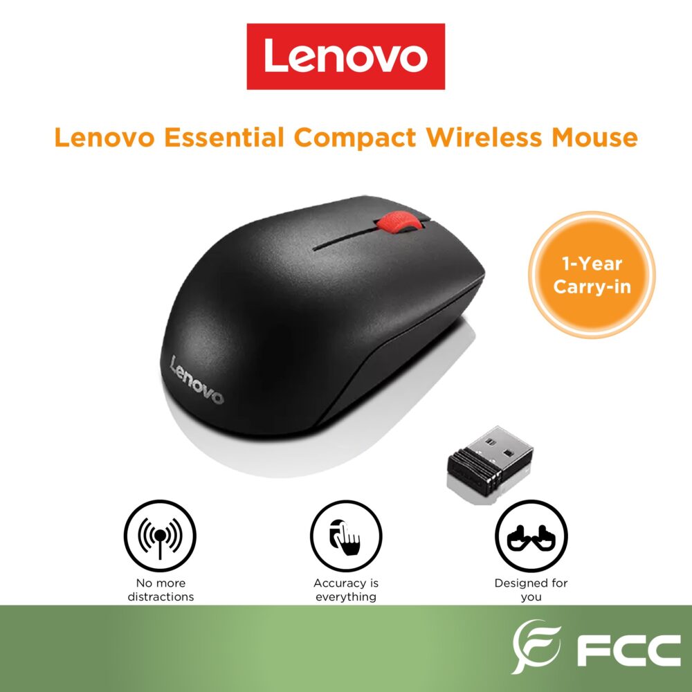 Wireless Mouse Lenovo Essential, Compact, up to 1000 dpi, 3 buttons, Ambidextrous, Optical sensor, 50g., 1xAA, 2,4Ghz, Black (4Y50R20864)