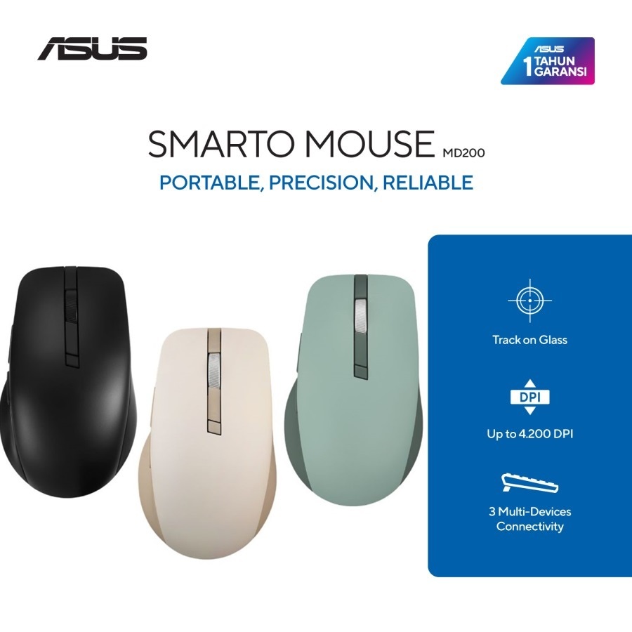 Wireless Mouse Asus SmartO MD200, up to 4200dpi, 6 buttons, Carrying Loop, 85g. 1xAA, 2.4/BT, Black