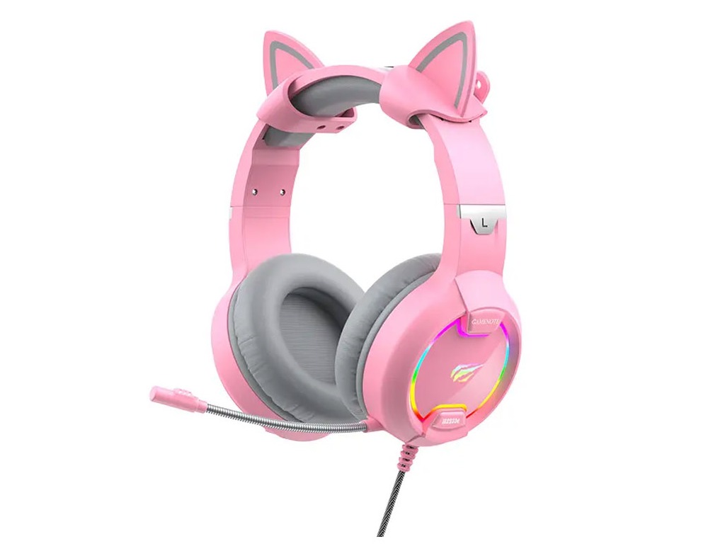 Gaming Headset Havit H2233d, 50mm driver, 20-20kHz, 20 Ohm, 100dB, 2.2m, 3.5mm+USB, RGB, Pink+Ears