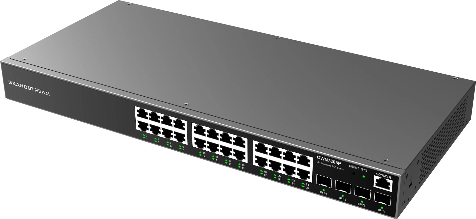 24-port Gigabit Managed PoE Switch, Grandstream "GWN7803P", 4xSFP, steel case, 360W Budget