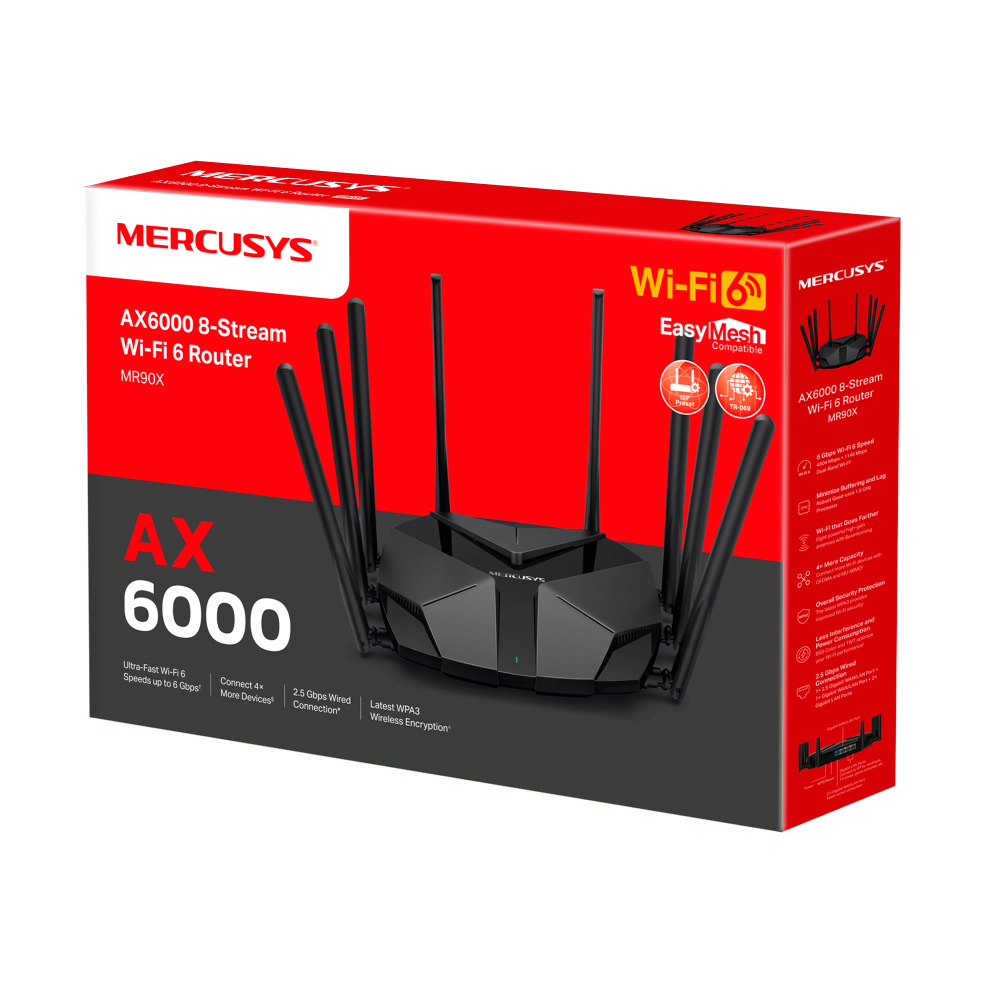 Wi-Fi 6 Dual Band Mercusys Router "MR90X", 6000Mbps, OFDMA, MU-MIMO, 1x2.5Gbit LAN/WAN