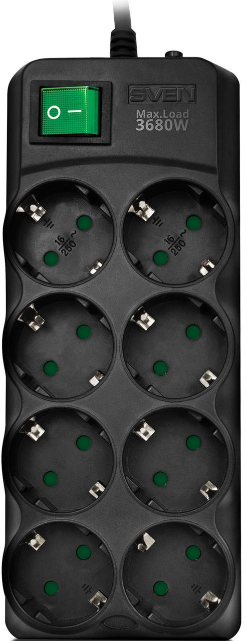 Surge Protector   8 Sockets,  3.0m, Sven "SF-08E-16", Black, flame-retardant material, 16A