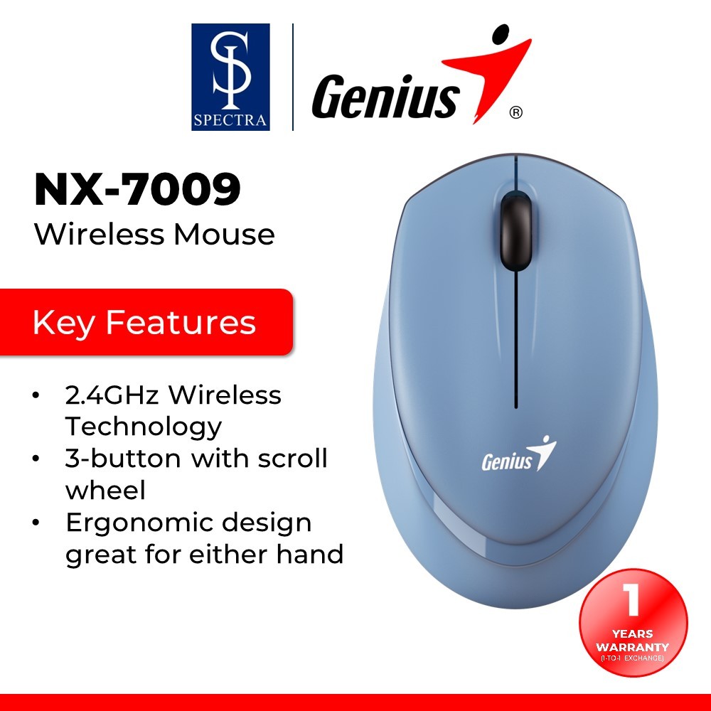 Wireless Mouse Genius NX-7009, 1200 dpi, 3 buttons, Ambidextrous, 65g, BlueEye, 1xAA, 2.4Ghz, Blue Grey