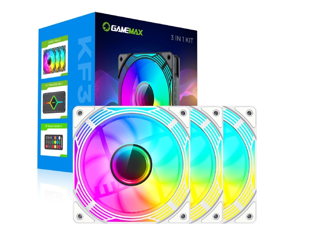 PC Case Fan GAMEMAX KF300 WH, 3xARGB Fan Kit, 120mm, <31.21dB, 800-1600RPM, Remote+ Hub, White