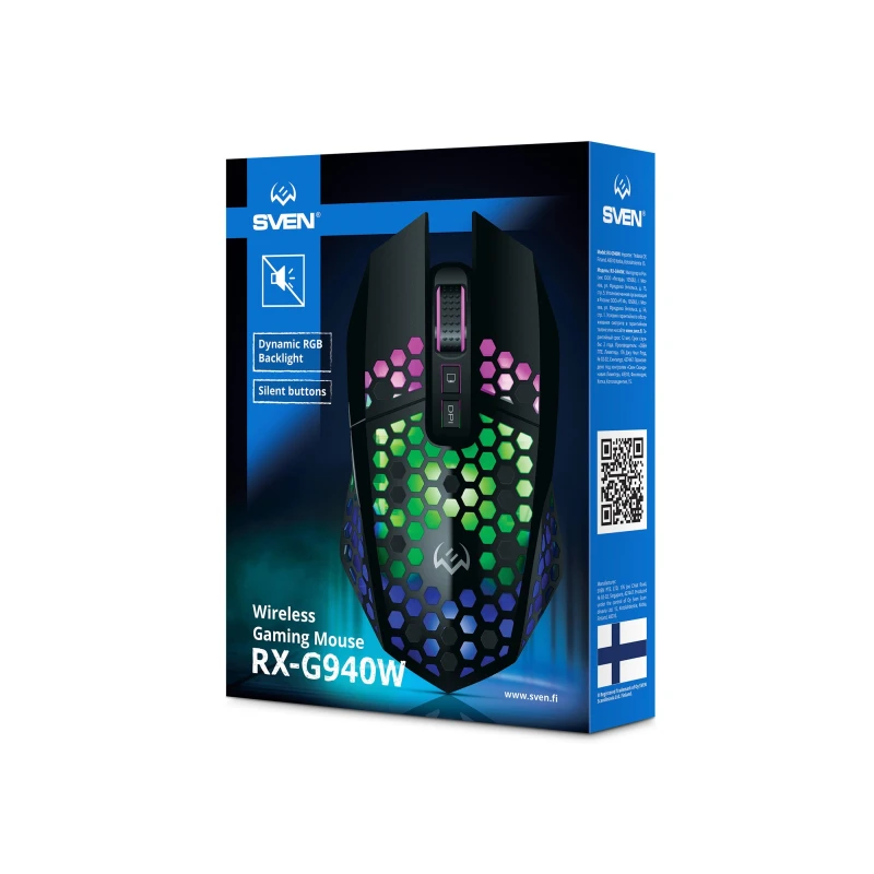 Gaming Wireless Mouse SVEN RX-G940W, 800-3600 dpi, 7 buttons, 98g., Ambidextrous, Silent, RGB, 600mAh, 2.4Ghz, Black
