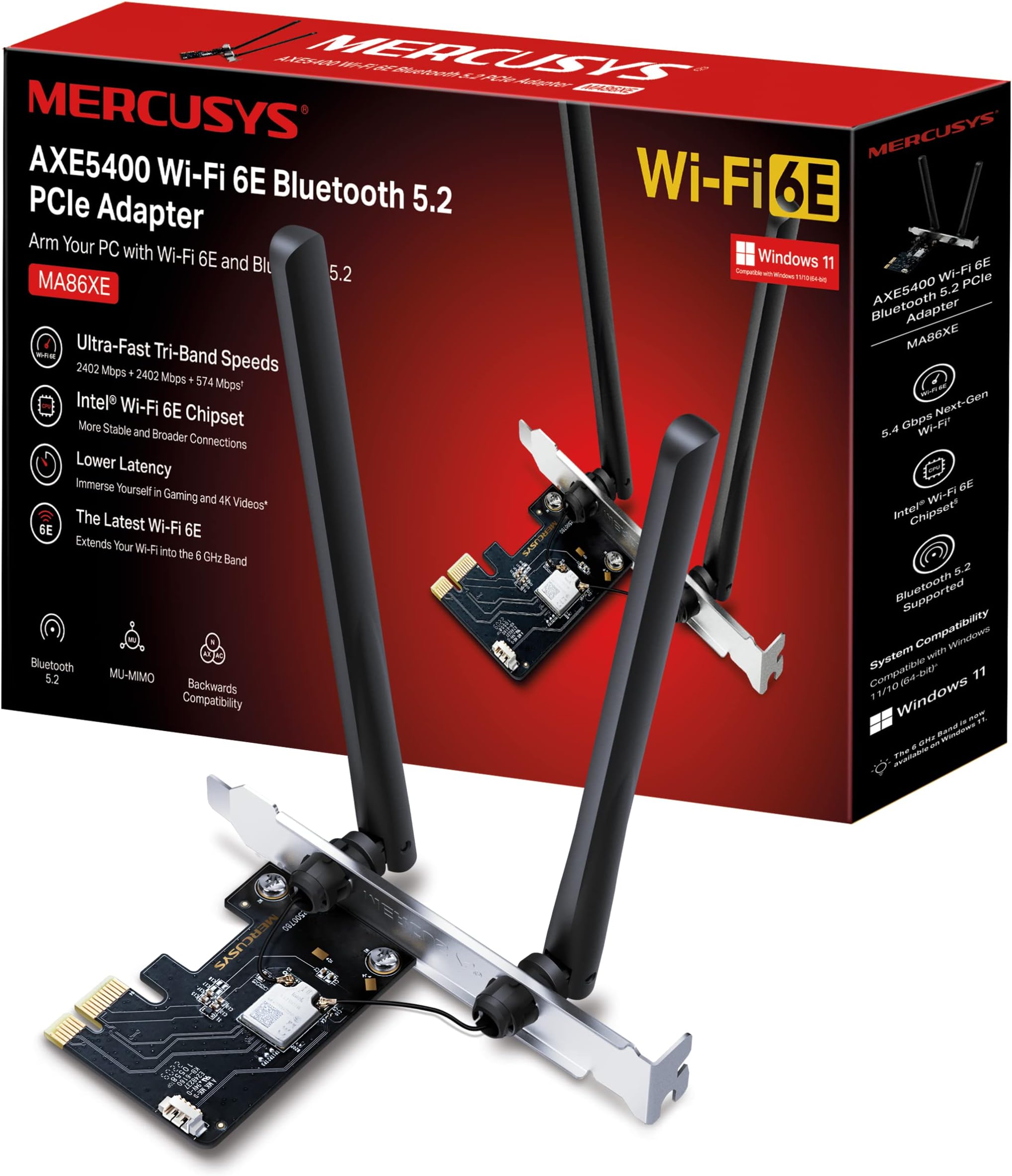 PCIe Wi-Fi 6E Tri-Band LAN/Bluetooth 5.2 Adapter Mercusys "MA86XE", AXE5400, OFDMA