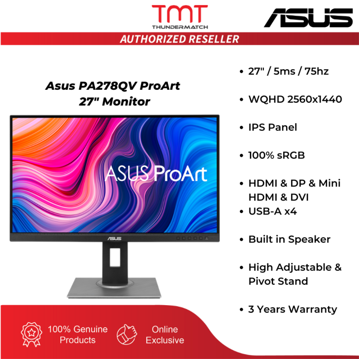 27" ASUS ProArt PA278QV,Black,IPS,2560x1440,75Hz,5ms,350cd,CR1000:1,HDMI+DP+miniDP+DVI+USB,,Spkrs,Pivot