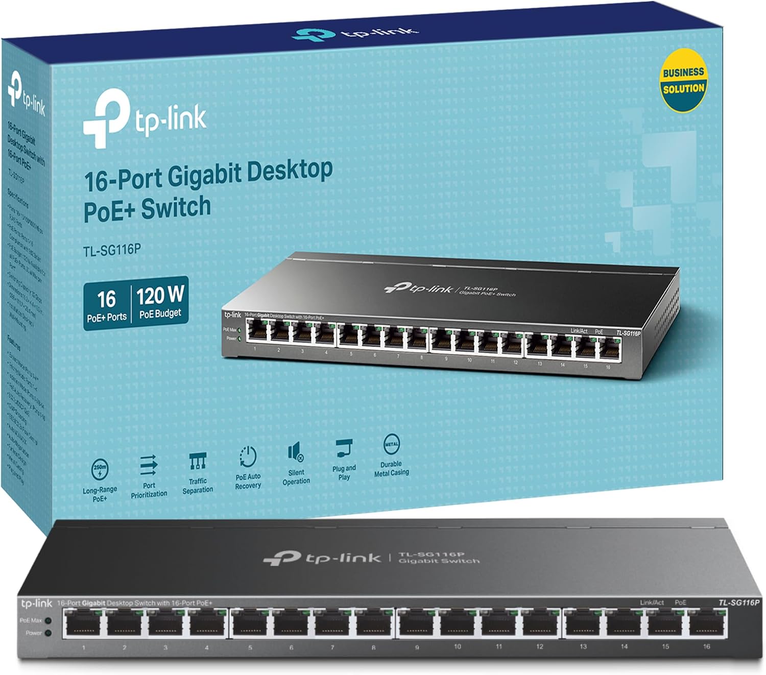 16-port Gigabit TP-LINK PoE+ Switch, TL-SG116P,16 PoE Ports, 120W budget, Auto Recovery, Rackmount