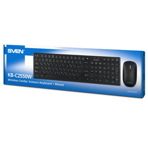 Wireless Keyboard & Mouse SVEN KB-C2550W, Scissors keys, Fn keys, Power SW, 1000dpi, 3 buttons, Ambidextrous, 1xAAA/1xAA, 2.4Ghz, EN/RU, Black