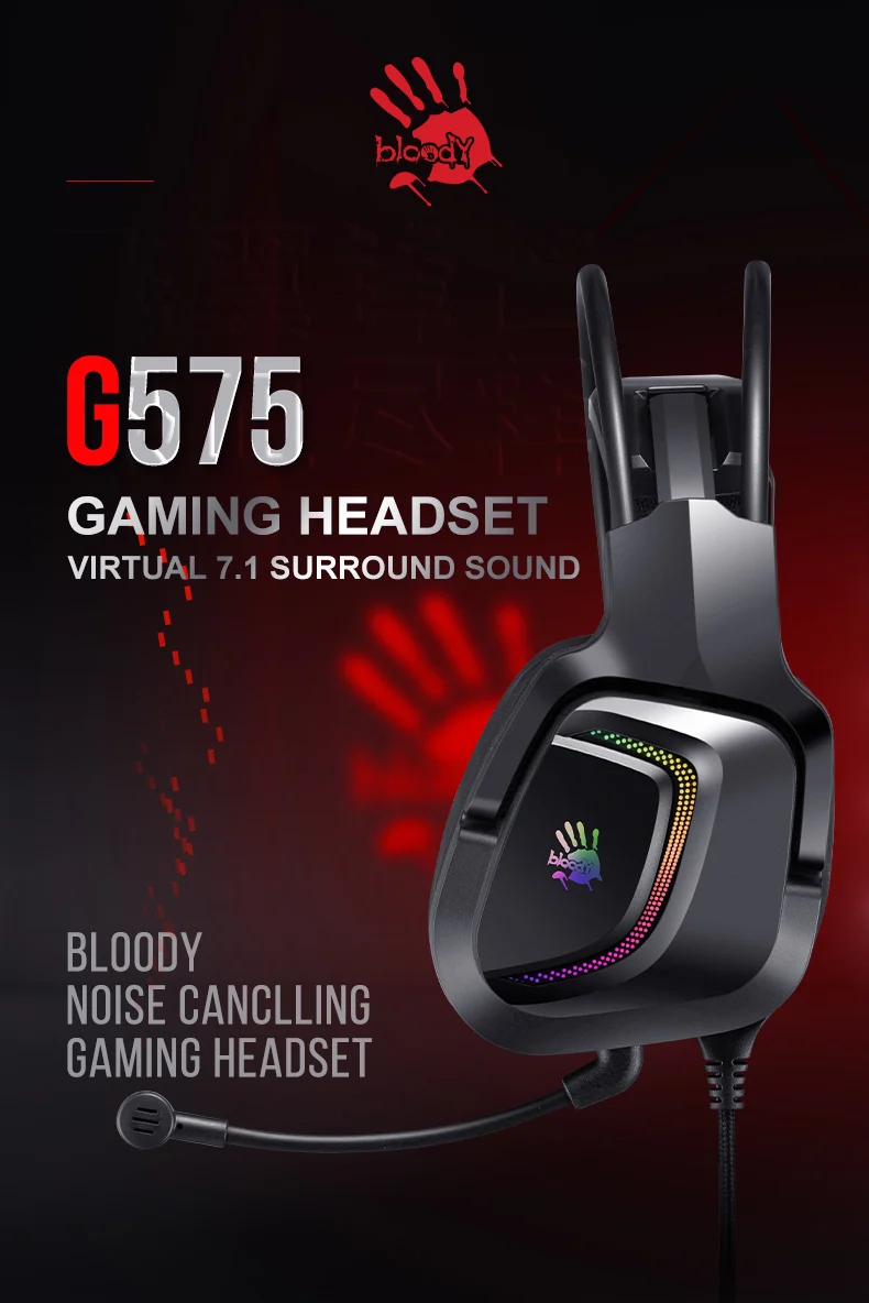 Gaming Headset Bloody G575, 50mm drivers, Neodymium magnet, 20-20kHz, 16 Ohm, 105db, v7.1, In-Line Controls, Detachable Mic, RGB, 2m, USB, Sky pink