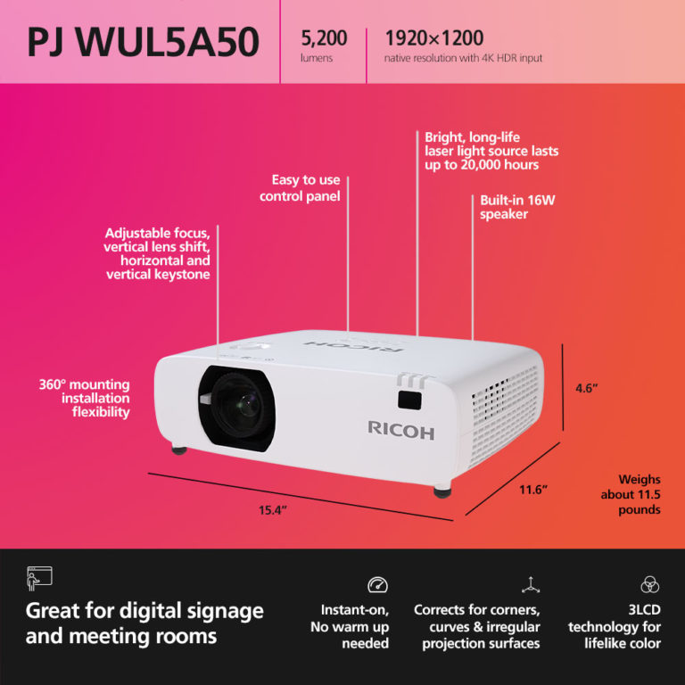 Projector Ricoh PJ WUL5A50; LCD, WUXGA, Laser 5200Lum, 1.6x Zoom, Lens Shift, White