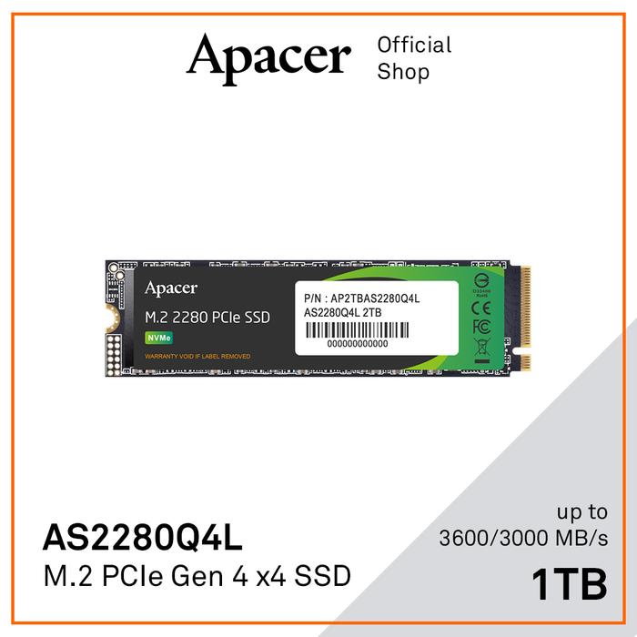 .M.2 NVMe SSD 1.0TB  Apacer AS2280Q4L [PCIe 4.0 x4, R/W:3600/3000MB/s, 430K/600K IOPS, 600 TBW, 3D NAND TLC]