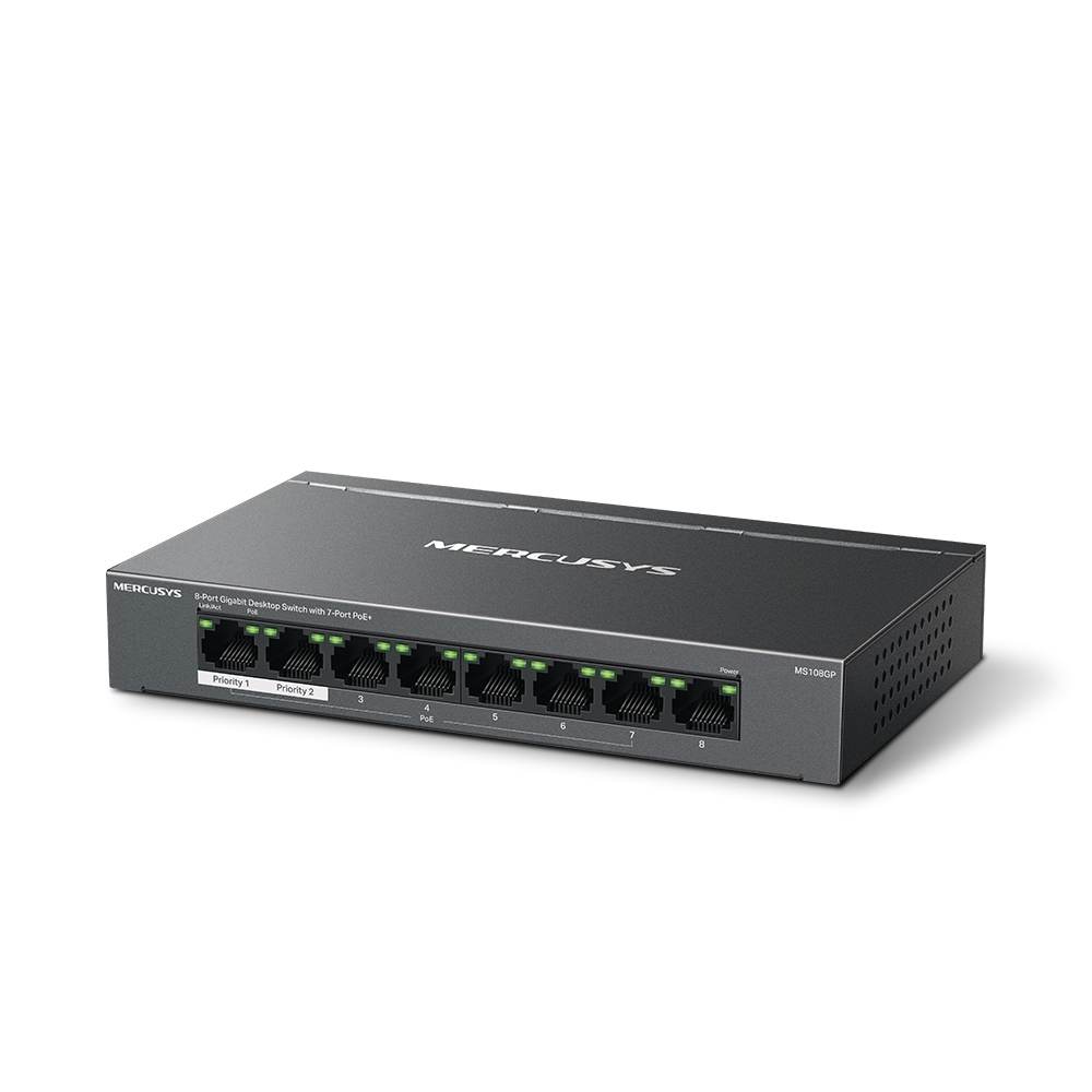 .8-port Gigabit MERCUSYS PoE Switch, MS108GP, 7x PoE ports, 65W Budget, Steel Case