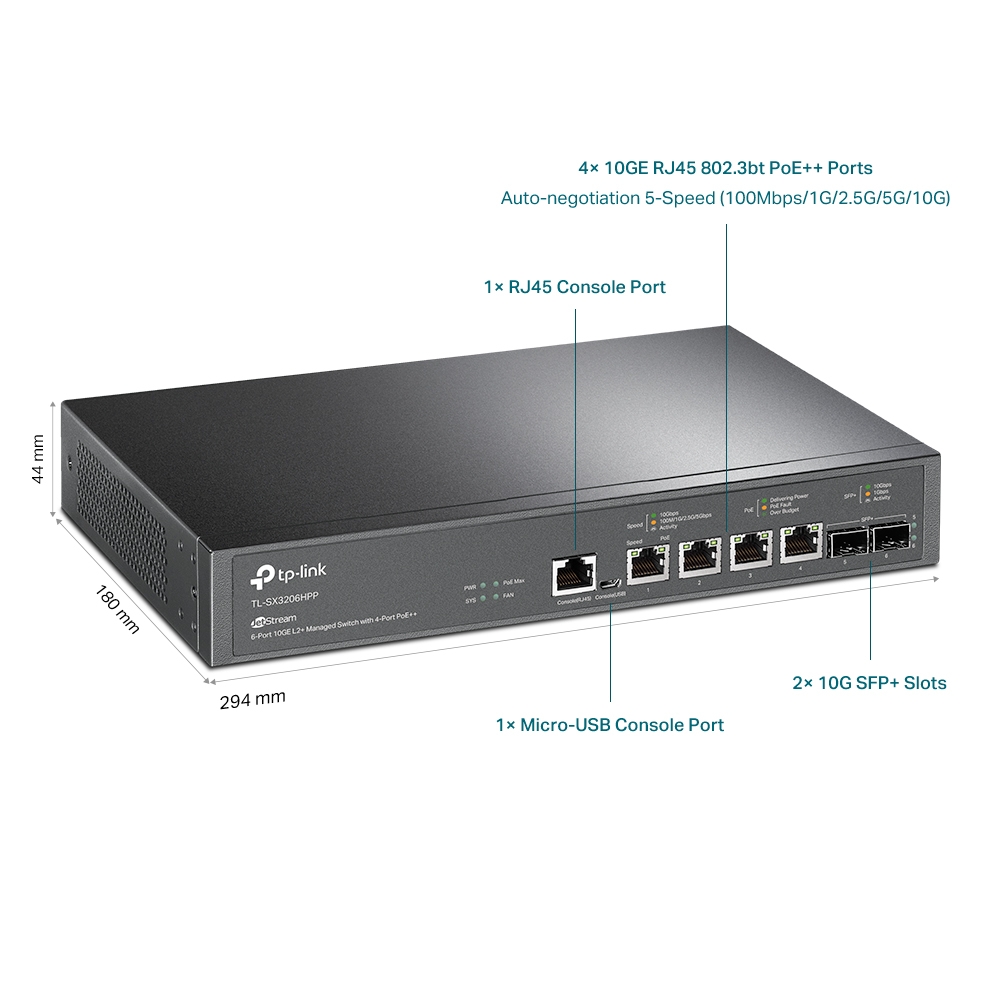 .6-port 10GE L2+ Managed PoE++ TP-LINK Switch, "TL-SX3206HPP", with 4 Port PoE++, 200W Budget, 2xSFP+