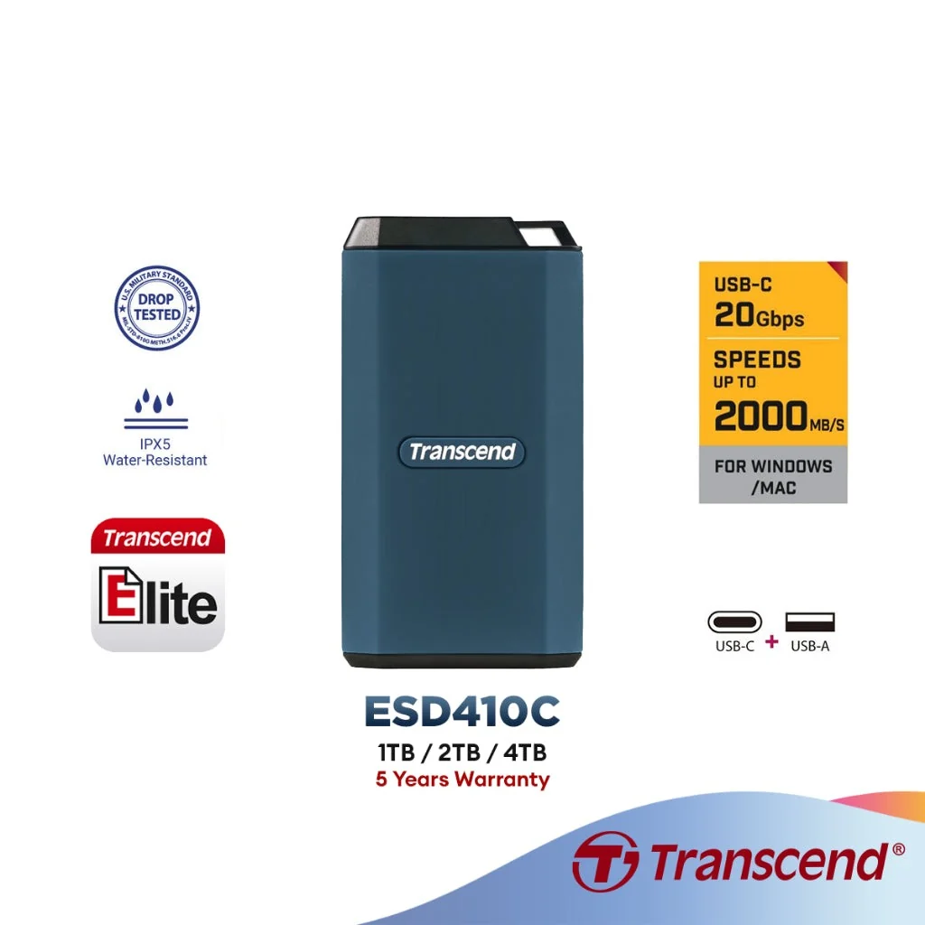 1.0TB  Transcend Portable SSD ESD410C Dark Blue, USB-C 3.2 20Gbps (79x42x14.5mm, 65g, R/W:2000/2000 MB/s, IPX5, MIL-STD-810G)
