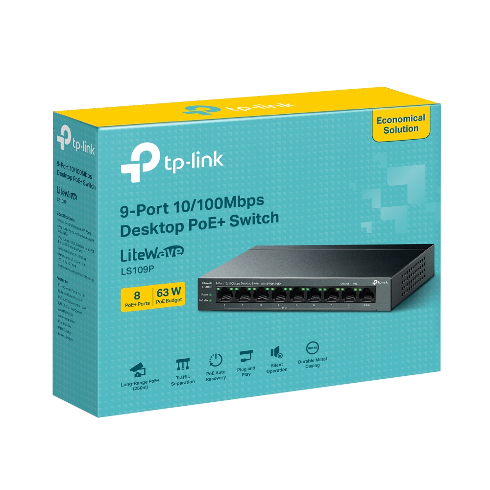 .9-port 10/100M TP-Link PoE+ Switch, LS109P, 8xPoE+ ports, 63W Budget, PoE Auto Recovery, steel case