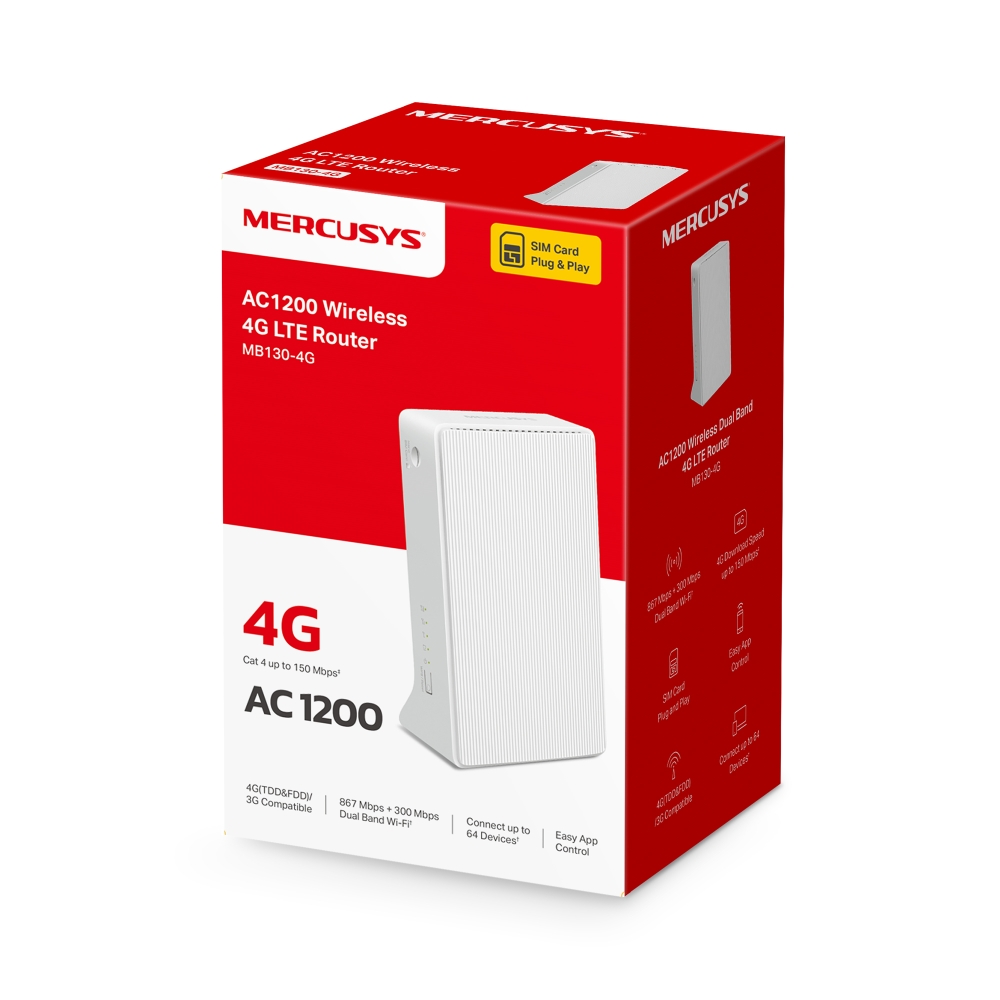 4G LTE Wi-Fi AC Router MERCUSYS, "MB130-4G", 1200Mbps, 2x4G/3G External Antenna Ports