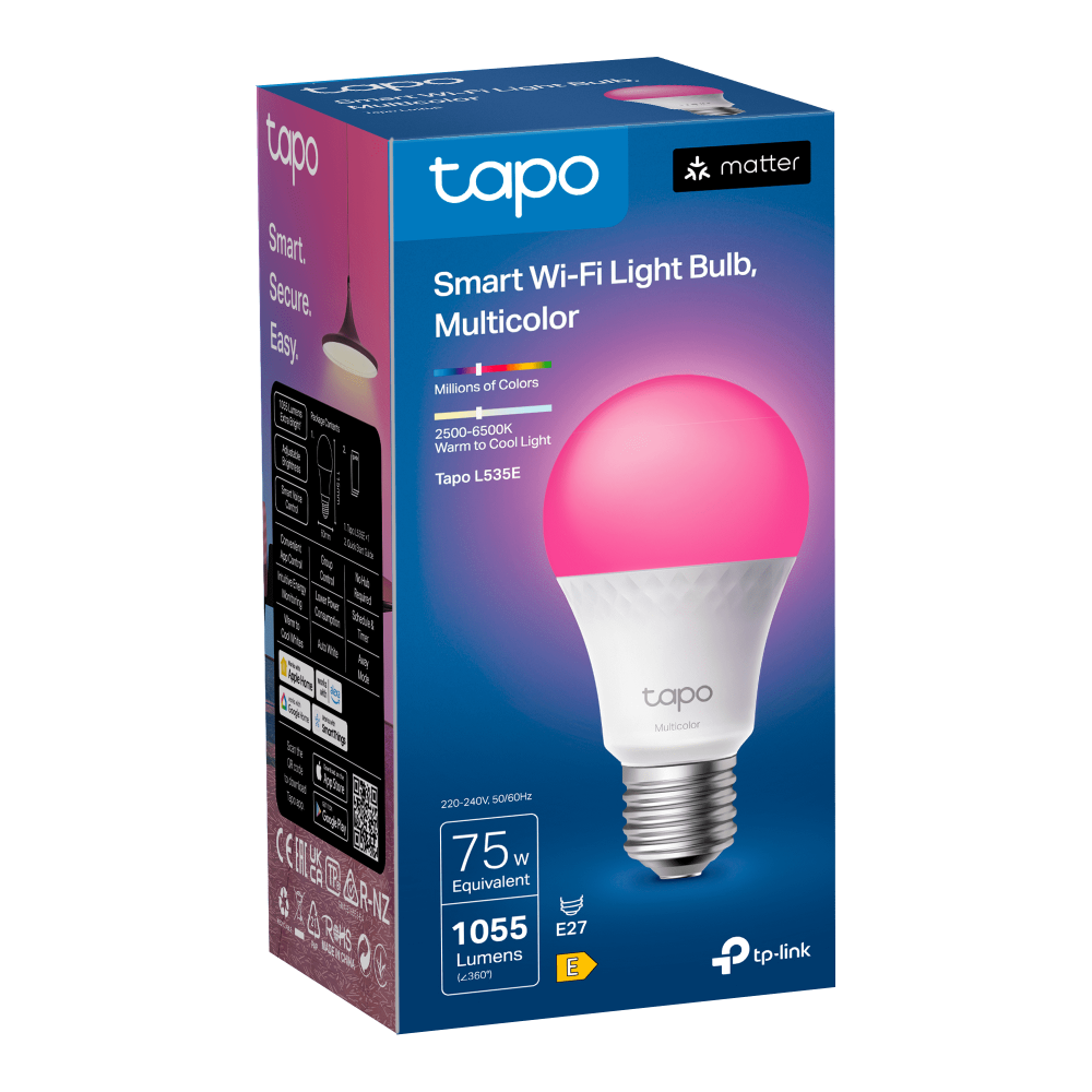 TP-LINK "Tapo L535E", Smart Wi-Fi LED Bulb with Dimmable Light, Multicolor, 2500-6500K, 1100lm, Matter