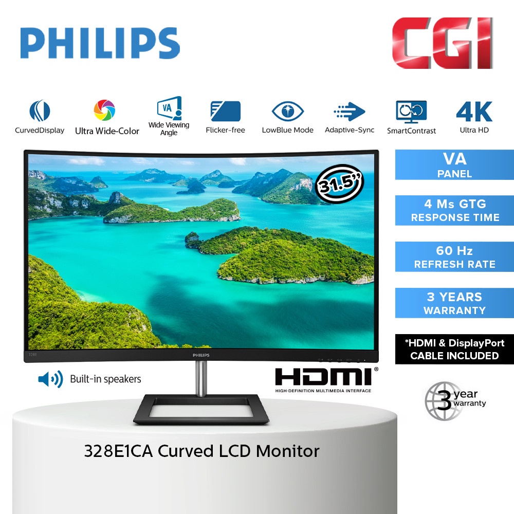 31.5" PHILIPS 328E1CA, Black, Curved-VA, 3840x2160, 60Hz, AdaptiveSync, 4ms, 250cd, HDMI+DP, Spkrs