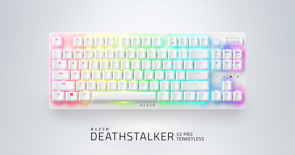 Gaming Wireless Keyboard Razer DeathStalker V2 Pro, Mechanical, Tenkeyless, Opt.Linear SW, Low-Profile, Aluminium, Macro, RGB, 2.4Ghz+BT, EN, White