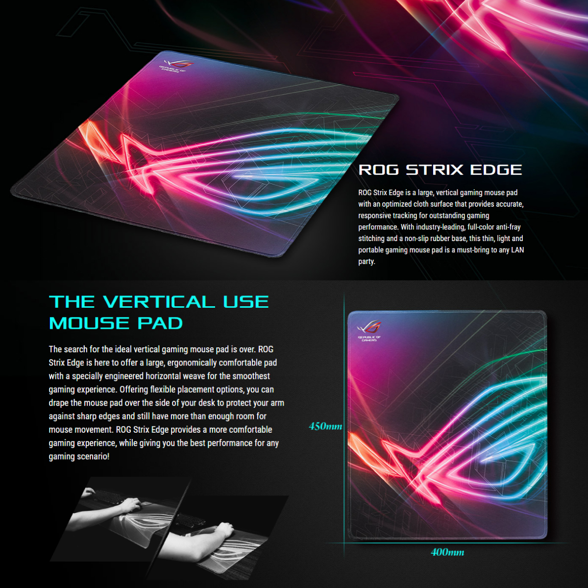 Gaming Mouse Pad ROG Strix Edge, 400 x 450 x 2mm, Large vertical gaming, Highly-accurate and responsive tracking, Cloth/Rubber