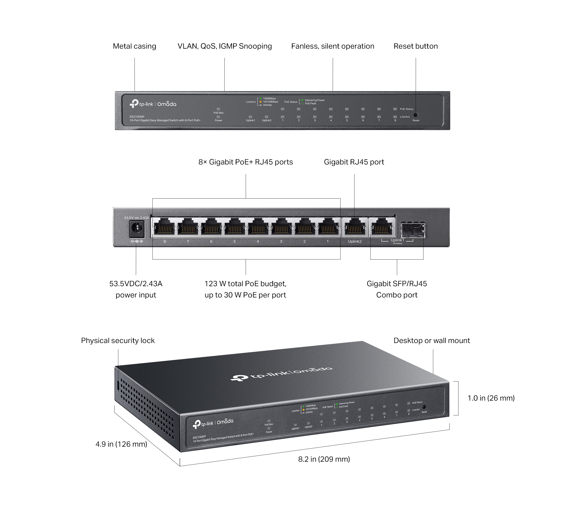 .8-port 10/100/1000Mbps POE+ Easy Managed Switch TP-LINK "ES210GMP", 8xPoE Ports, 1xGbE, 1xSFP/RJ45 Combo, 123W Budget, Steel Case