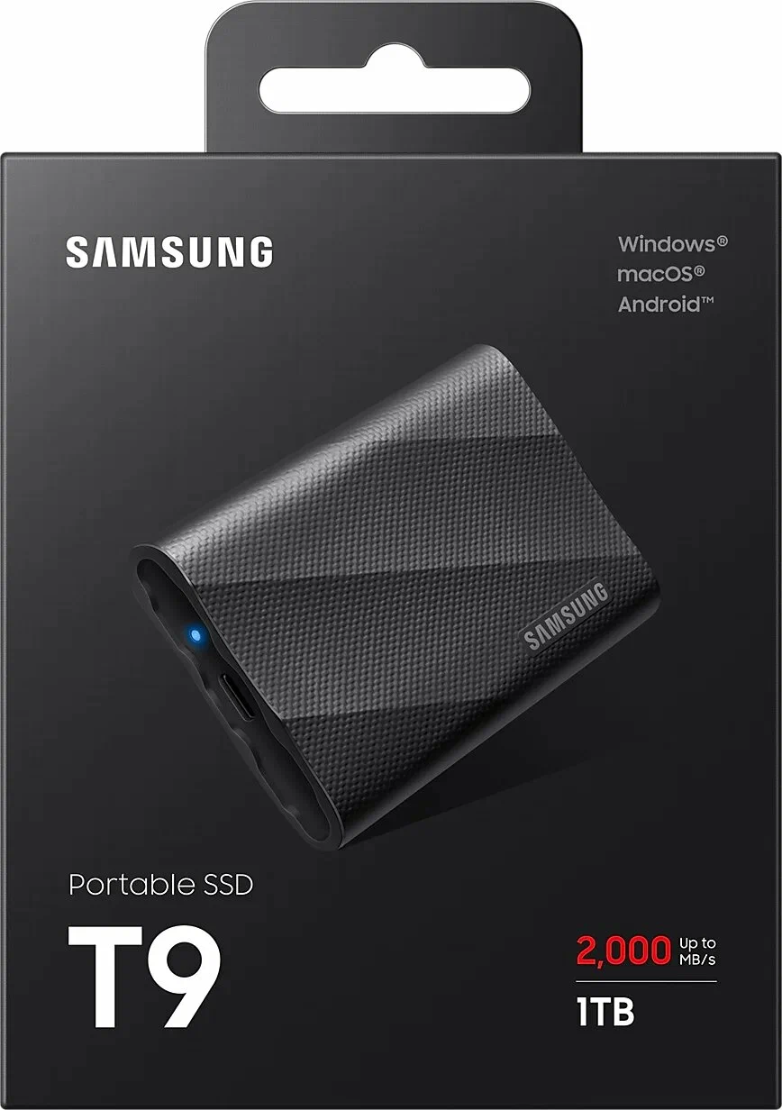 1.0TB Samsung Portable SSD T9 Black, USB-C 3.2 Gen 2x2 (88x59x13mm, 122g,R/W:2000/2000MB/s)