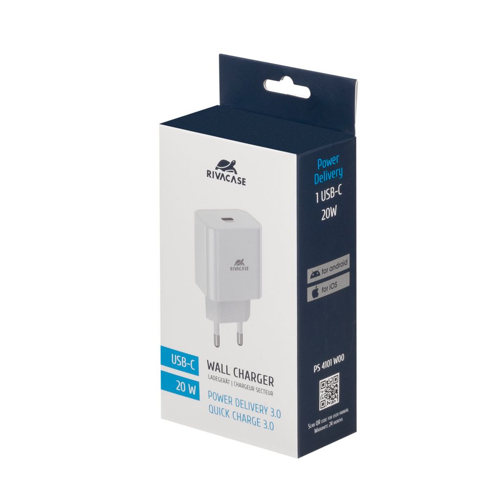 Wall Charger Rivacase PS4101 W00, 1 port, 20W PD USB-C, White