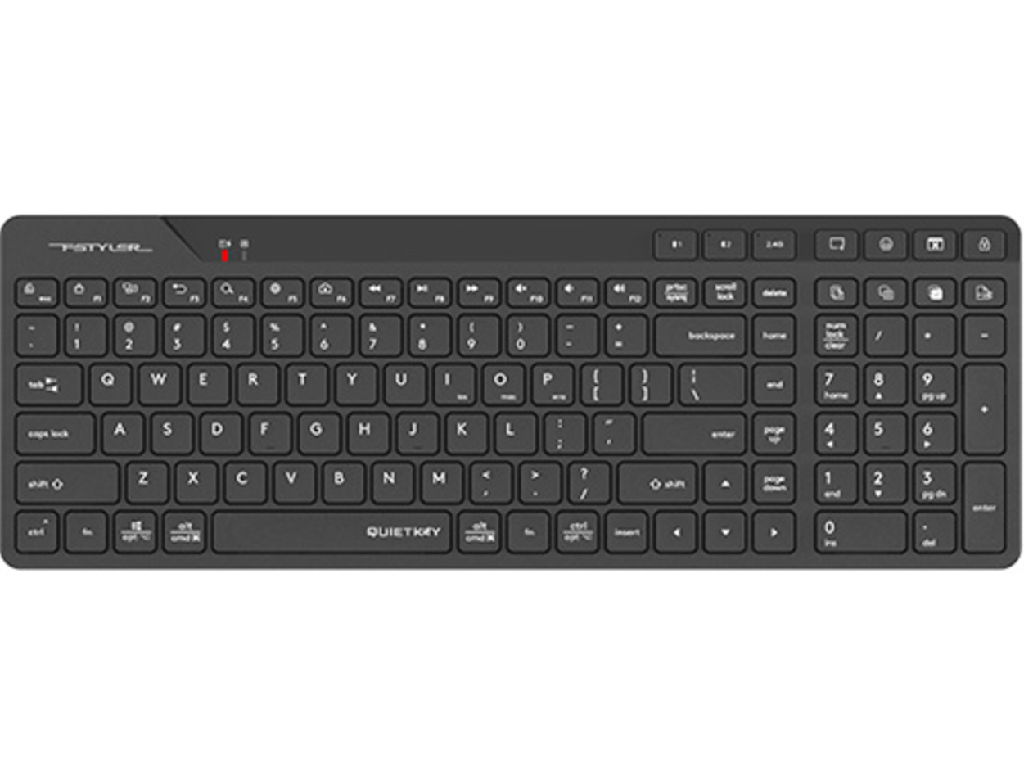 Wireless Keyboard A4Tech FBK27C AS, 12 Fn keys, Ultra Slim, Laser Inscribed Keys, up to 3 Devices, Rechargeable, 8 Hotkeys, 2.4Ghz+BT, EN/RU/RO, Black