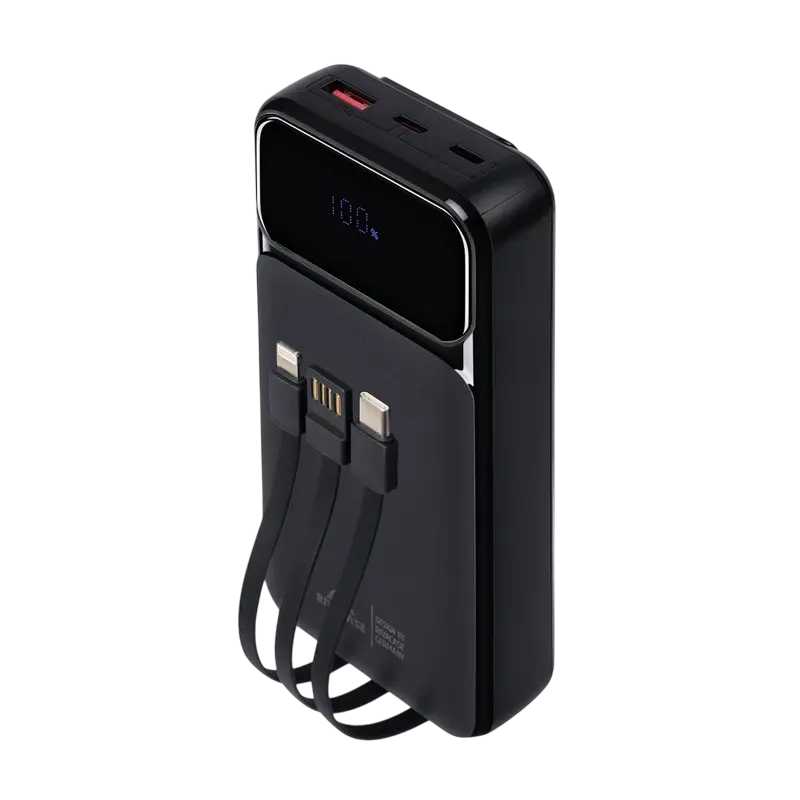 Power Bank Rivacase 20000 mAh QC 3.0/PD 22.5W, VA2221, (3 built-in cables), Black