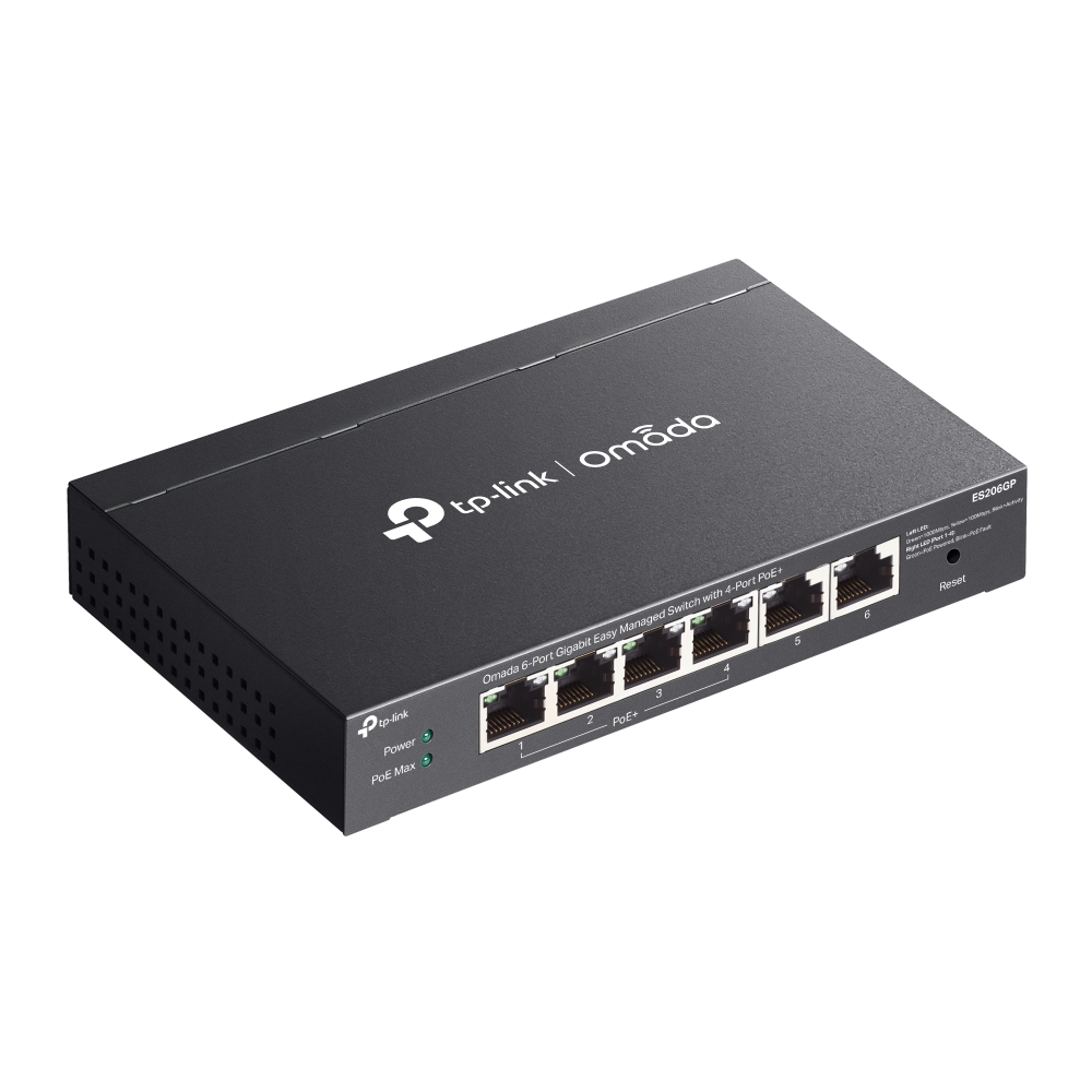 .6-port Gigabit Switch TP-LINK, "ES206GP", with 4 port PoE+, Auto Recovery, 65W Budget, steel case