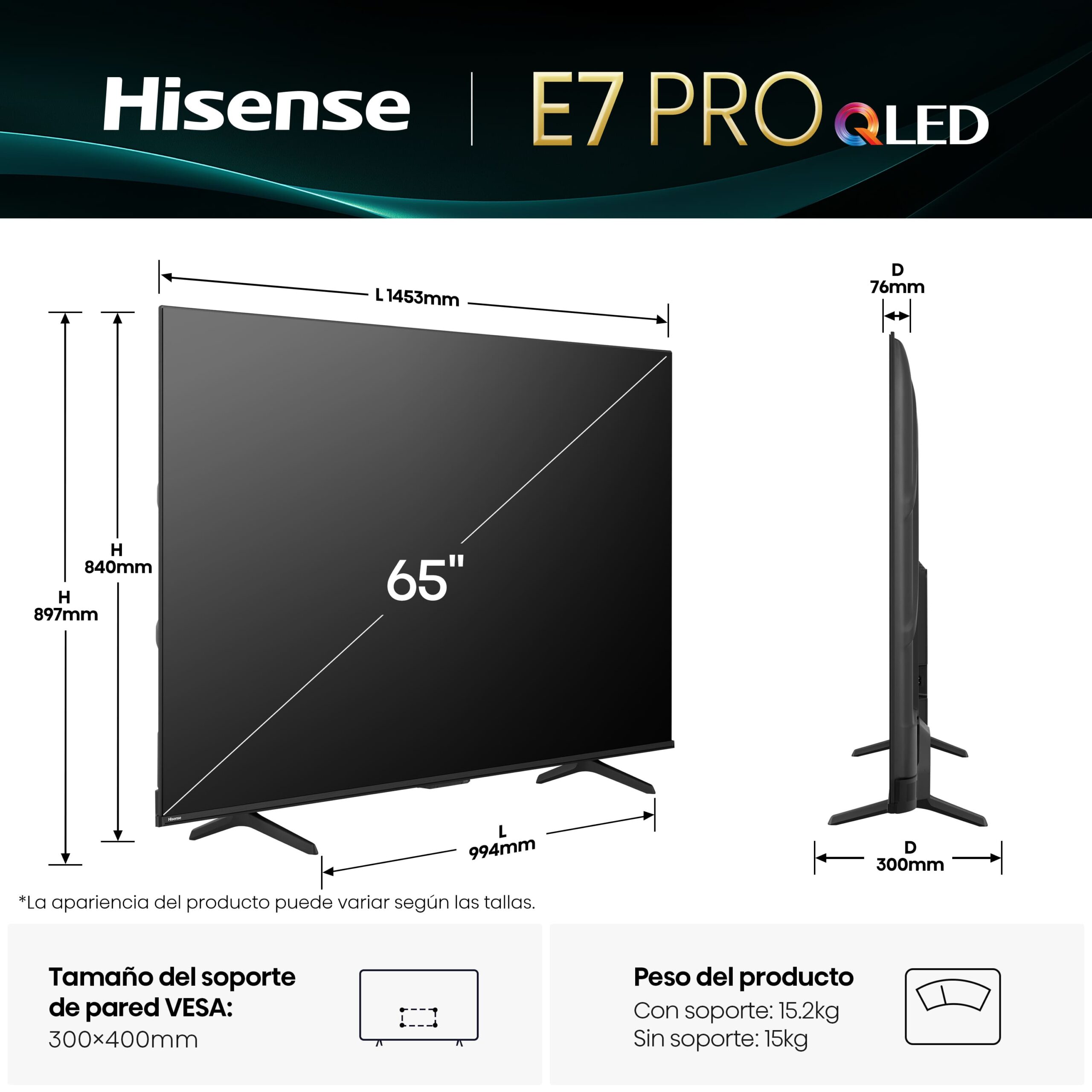 65" LED SMART TV Hisense 65E7Q PRO, QLED, 4K UHD, VIDAA OS, Black