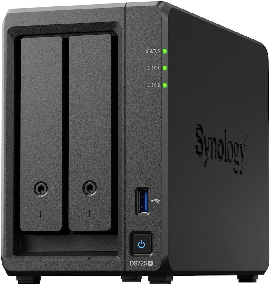 SYNOLOGY  "DS725+", 2-bay, AMD Ryzen 2-core 2.6-3.1Ghz, 1x4Gb+1Slot, 1x2.5GbE, 1x1GbE, 2xM.2 NVMe