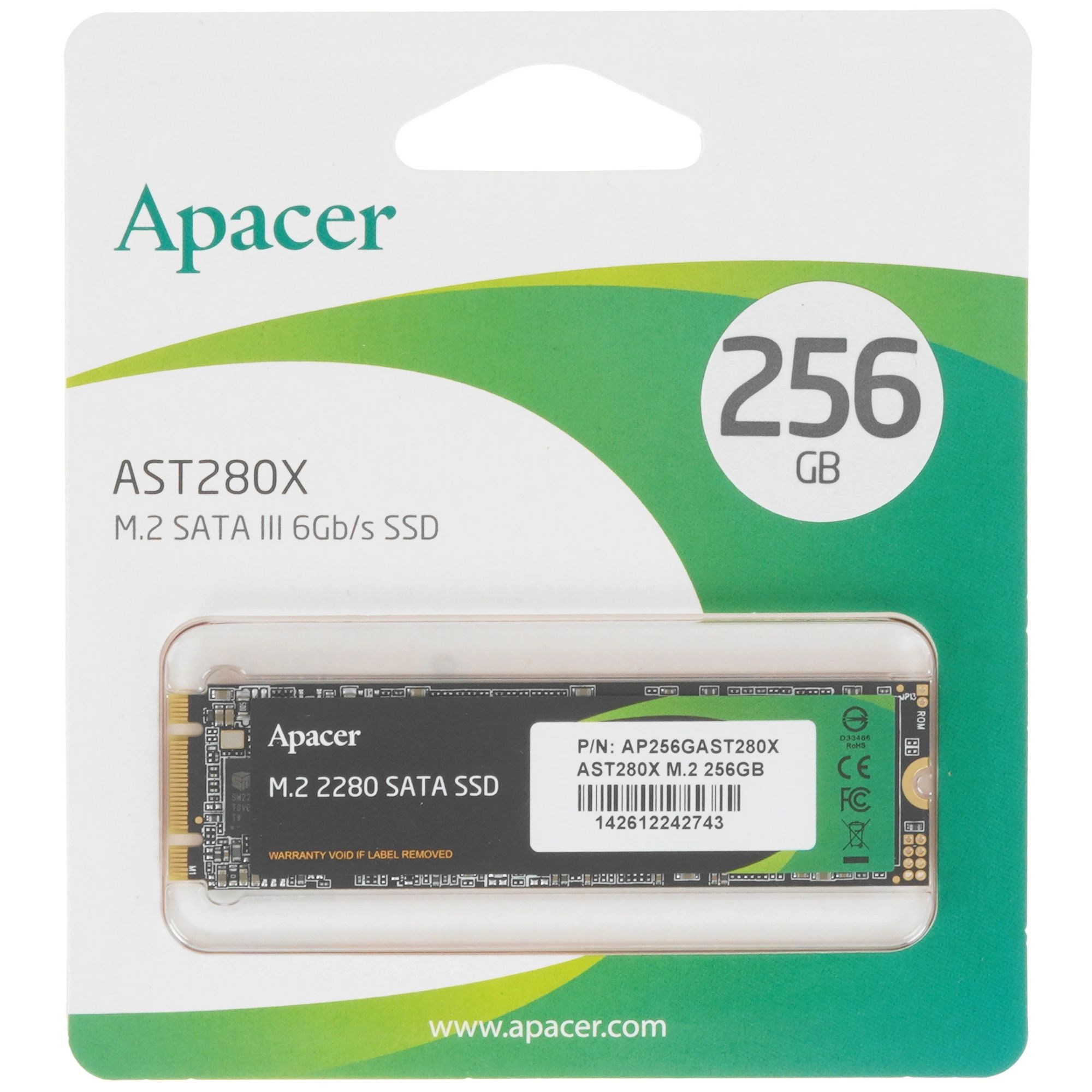 .M.2 SATA SSD  256GB Apacer AST280X "AP256GAST280X" [80mm, R/W:520/500MB/s, 44K/74K IOPs, 140TB TBW, 3D NAND TLC]
