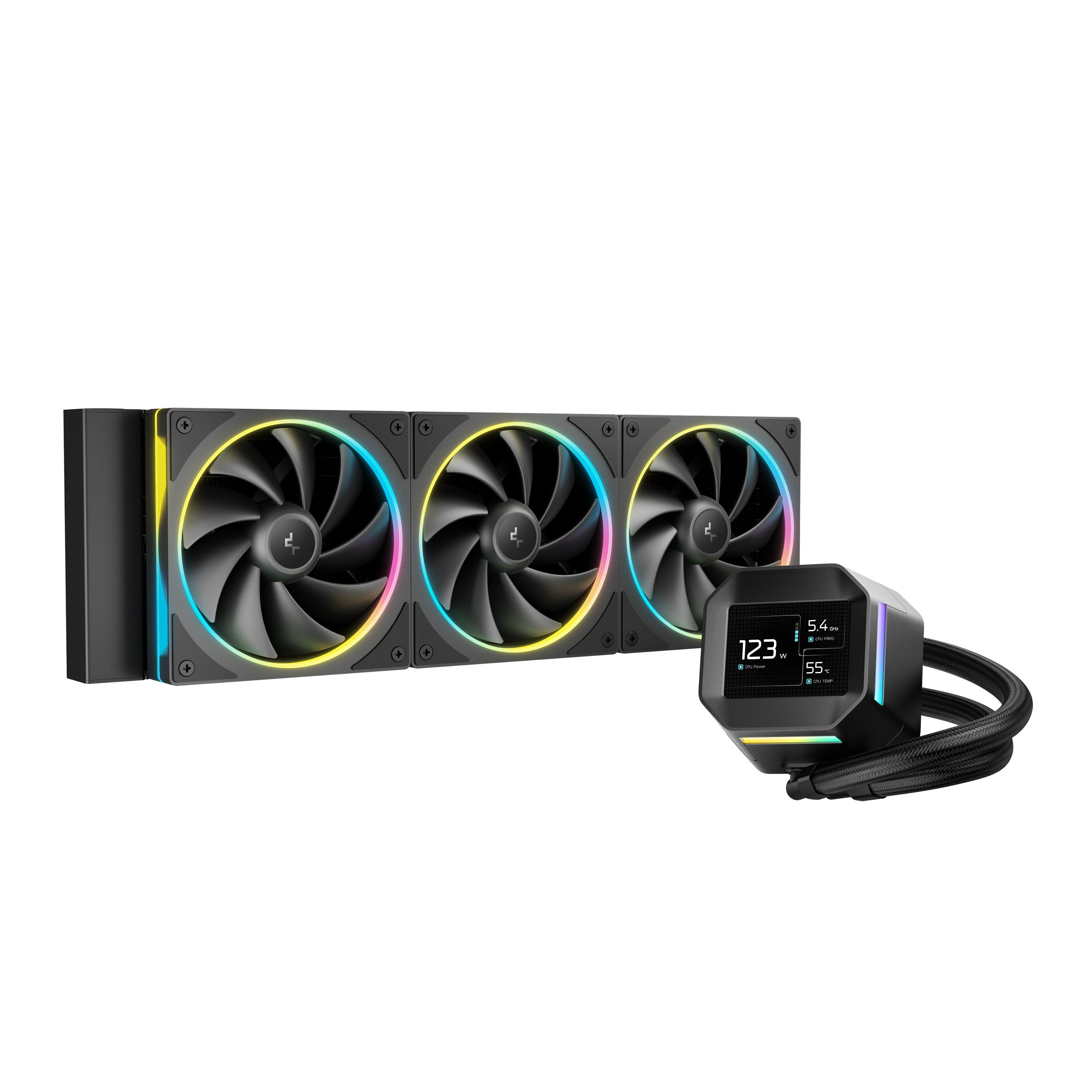 AIO Liquid Cooling Deepcool "LM360" (<36.07dBA, 400-2400RPM, 66.23CFM, 3x120mm, 3600RPM, ARGB, 2.4" IPS screen with MP4 video, 1729g.) Black