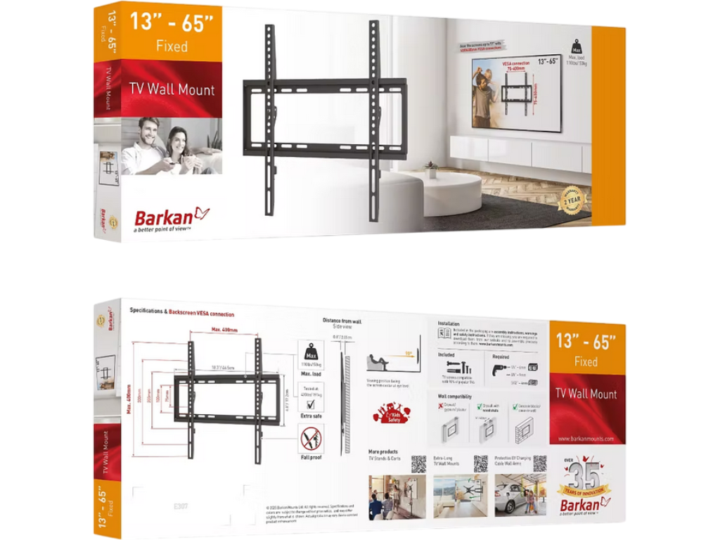Wall Mount Barkan ''E307'' Black 13" - 65" Fixed, max.50kg, VESA mm: up to 400x400mm