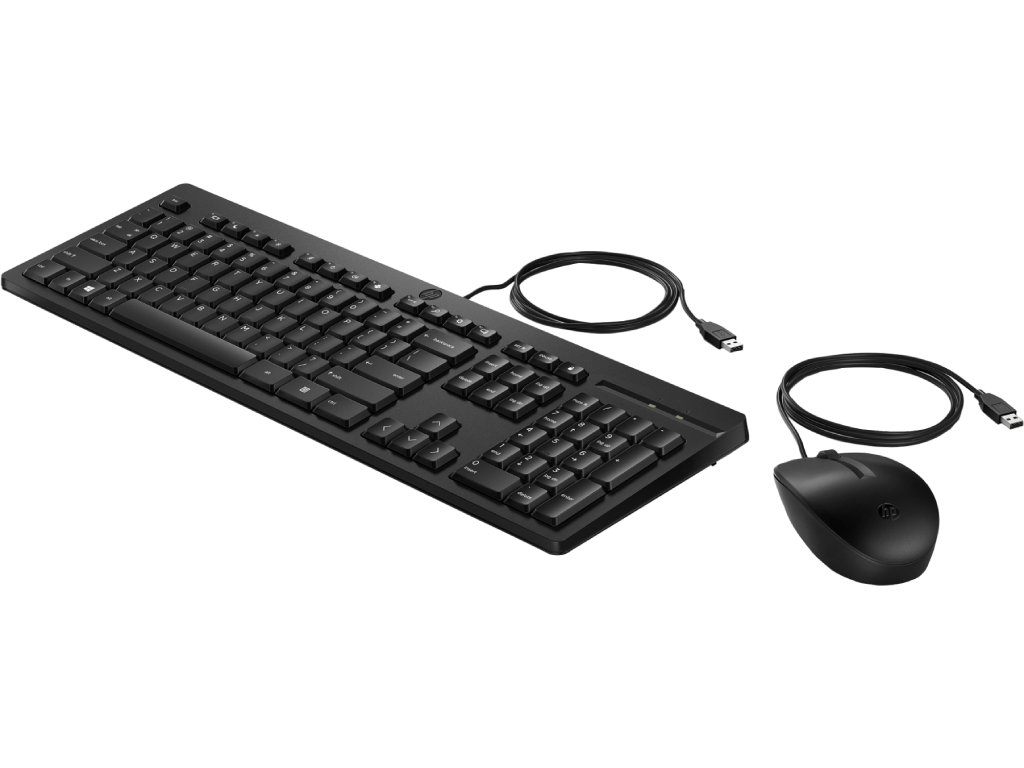 Keyboard & Mouse HP 225, Keyboard Full size; 3-zone layout, Mouse 3 buttons, 1200dpi, 1.8m cable length, USB, EN/RU, Black