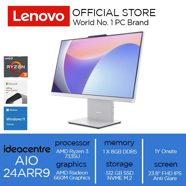 Lenovo AIO IdeaCentre 3 24ARR9 Luna Grey (23.8" FHD IPS Ryzen 3 7335U  3.0-4.3GHz, 8GB, 512GB, wired KB&MS, No OS)