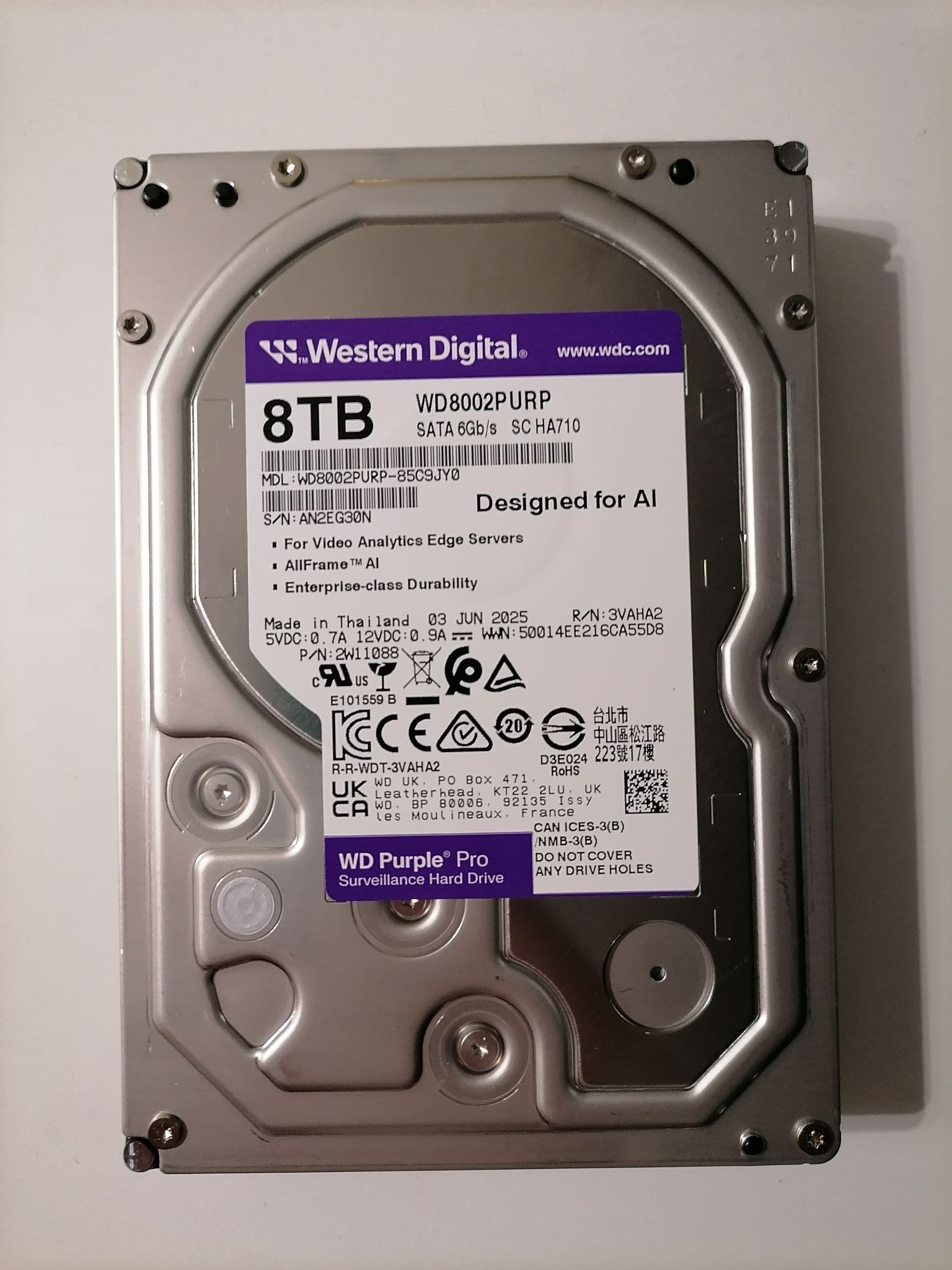 3.5" HDD  8.0TB-SATA-256MB Western Digital  "Purple Pro (WD8002PURP)", Surveillance, 24/7, CMR, 7200rpm, 2.0M (MTBF)