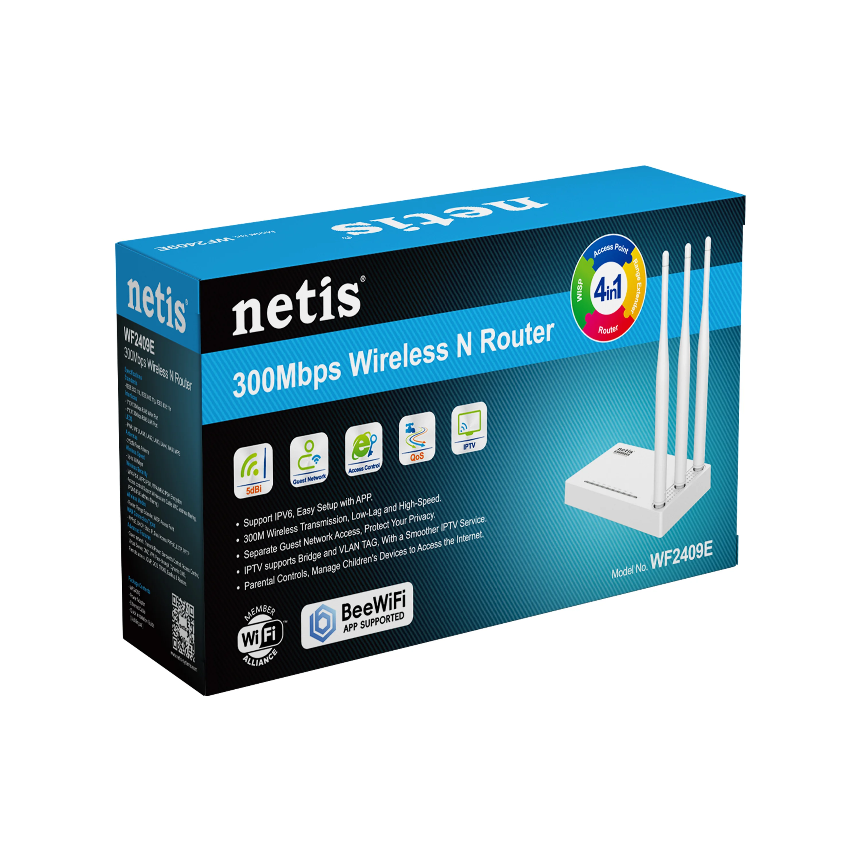 Wi-Fi N Netis Router, "WF2415", 300Mbps, Gbit Ports, 2x5dBi Fixed Antennas