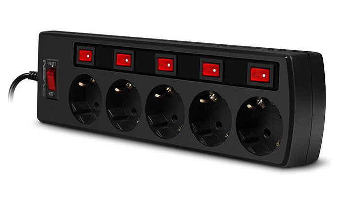 Surge Protector   5 Sockets,  3.0m,   Sven "SF-05PL", BLACK, individual switches, flame-retardant